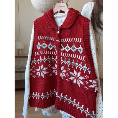 小文姐 W2438-新年红雪花撞色针织衫休闲通勤针织马甲背心上衣女