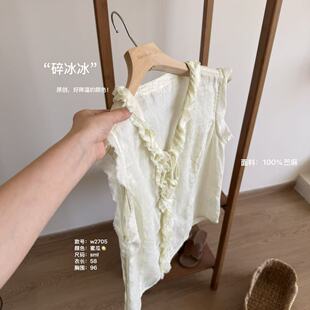 温温原创W2705“碎冰冰”手工花边显瘦压褶气质文艺百搭无袖背心