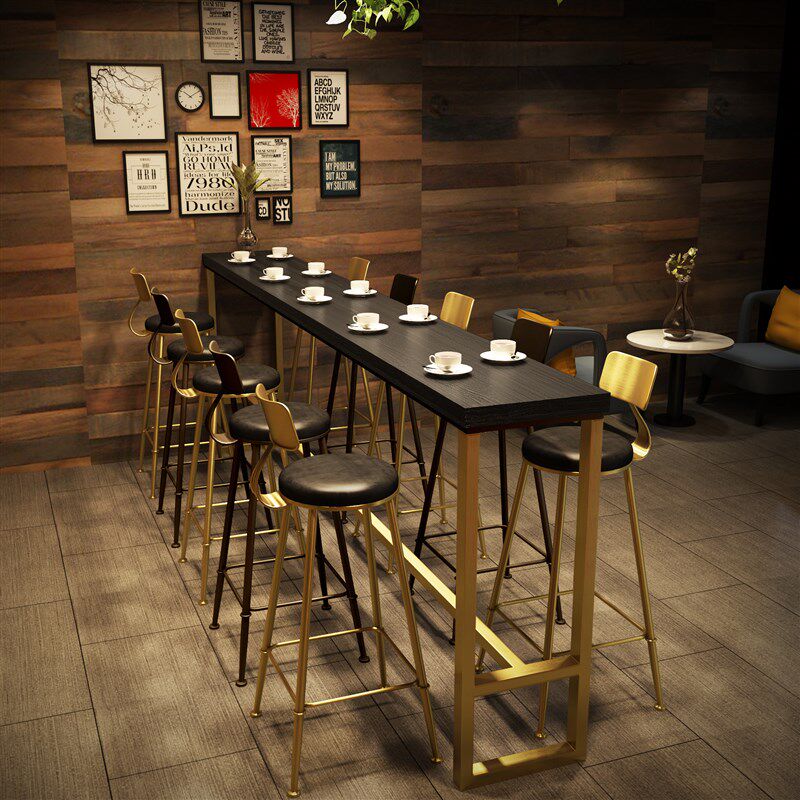 工业风家用实木铁艺高脚椅长条桌奶茶店咖啡厅靠墙酒吧台黑金桌椅