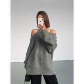 ousph 外穿宽松灰斜露肩设计感上衣 女春新款 黑色长袖 打底毛针织衫