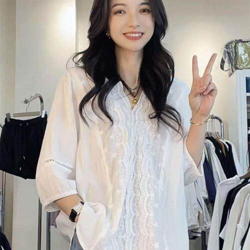 ~路途女装轻奢法式镂空花边V领衬衫夏季女款显瘦打底衫百搭上衣