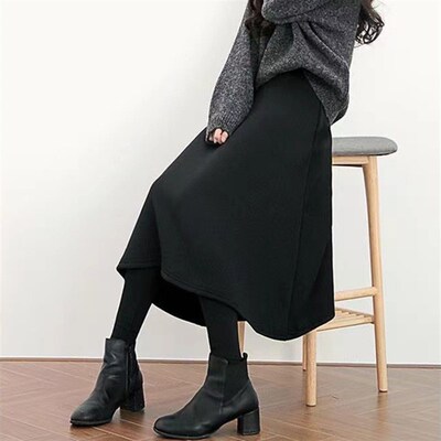 冬季黑色假两件一体打底裤裙女外穿大码加绒加厚大摆A字半身裙裤