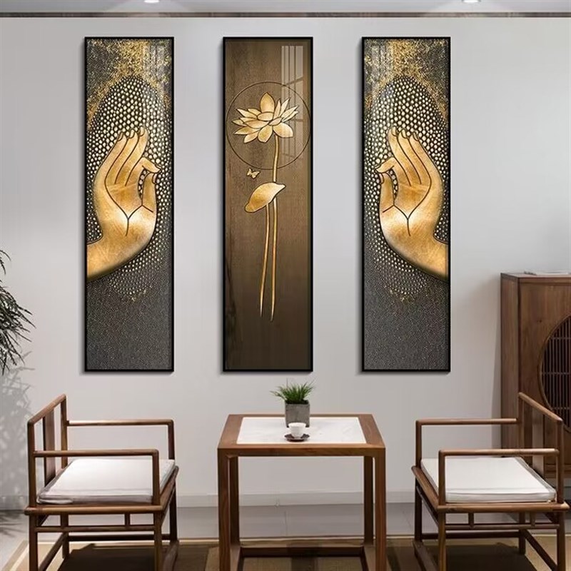 禅意佛手莲花客厅装饰画中式茶室背景墙壁画办公室组合画书房挂画