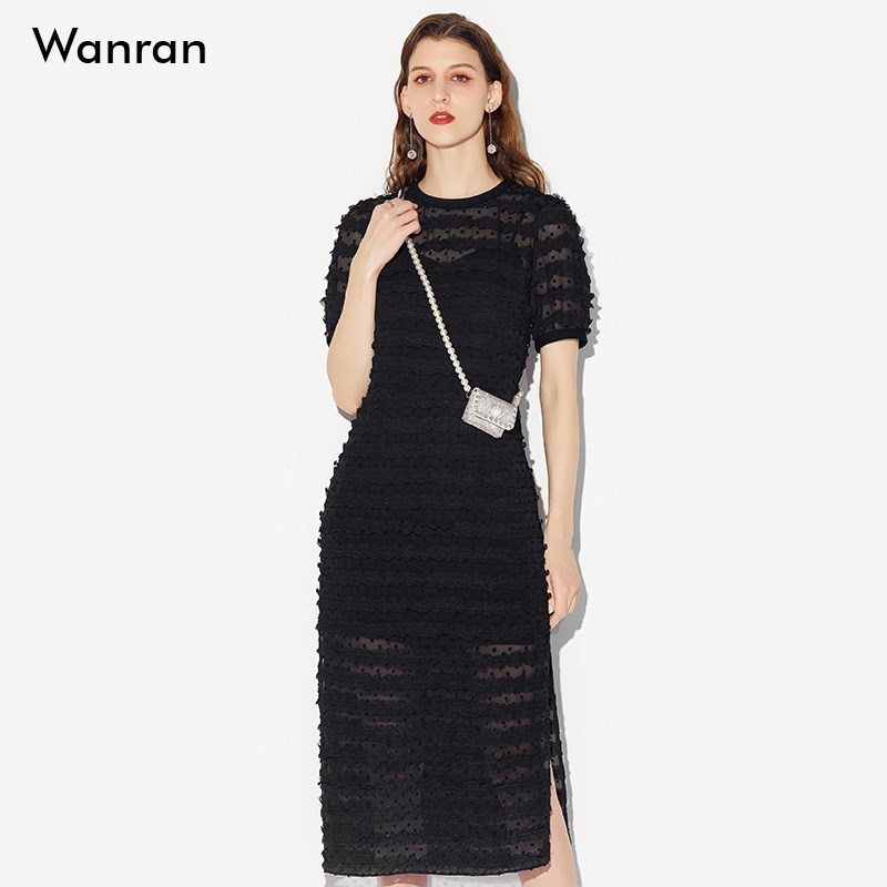 夏季女装2025新款气质黑色短袖修身收腰显瘦雪纺连衣裙长裙裙子