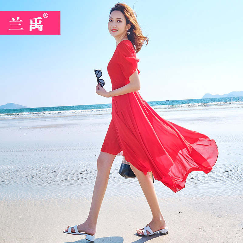 波西米亚沙滩裙2021夏季仙女裙显瘦巴厘岛红色度假连衣裙复古长裙