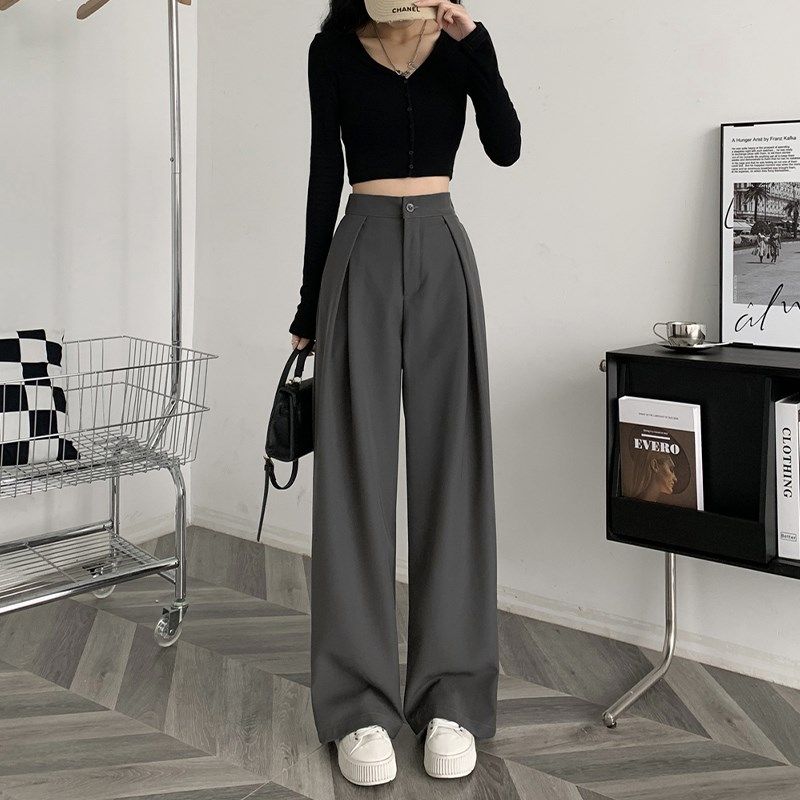 灰色阔腿裤子女夏春秋新款小个子高腰垂感休闲直筒宽松拖地西装裤