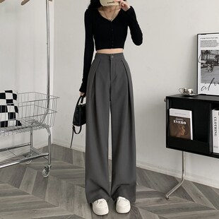 灰色阔腿裤子女夏春秋新款小个子高腰垂感休闲直筒宽松拖地西装裤
