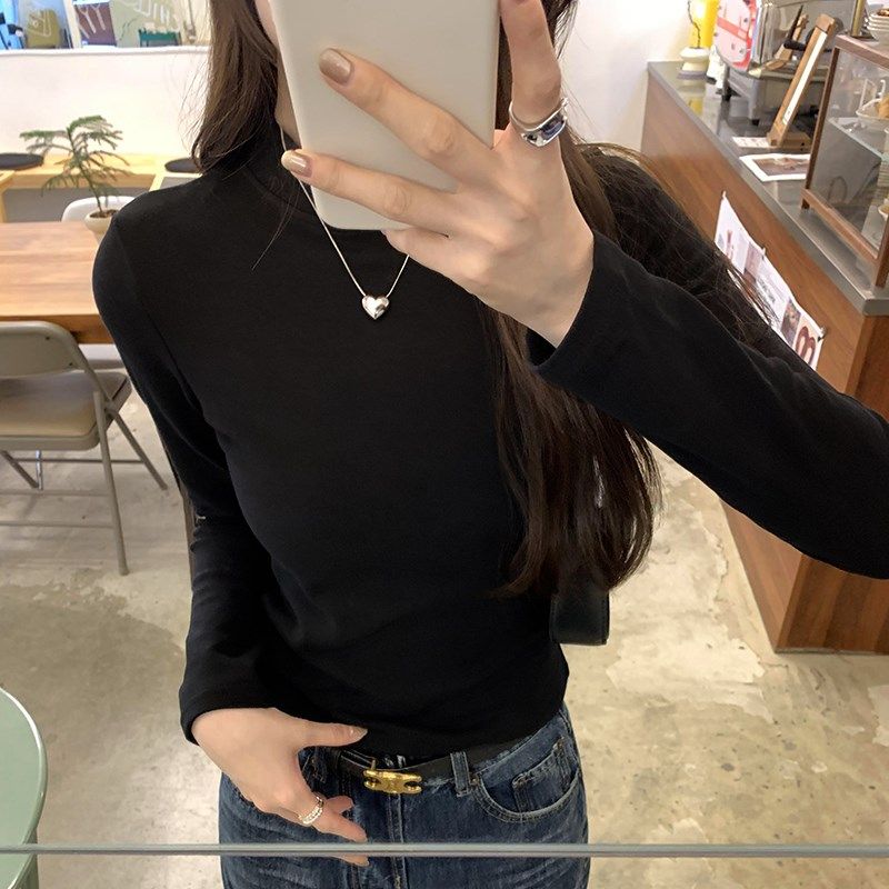 半高领修身白色内搭打底衫女秋冬季新款长袖T恤加厚磨毛显瘦上衣