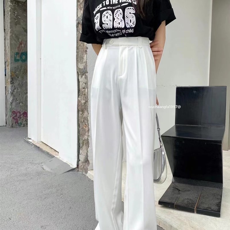 OKLA2024阔腿西装裤女春夏垂坠感高腰显瘦黑色直筒休闲拖地长裤子