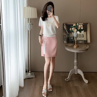 2025新中式国风高端时尚套装夏季新款淑女短袖粉色半身裙两件套