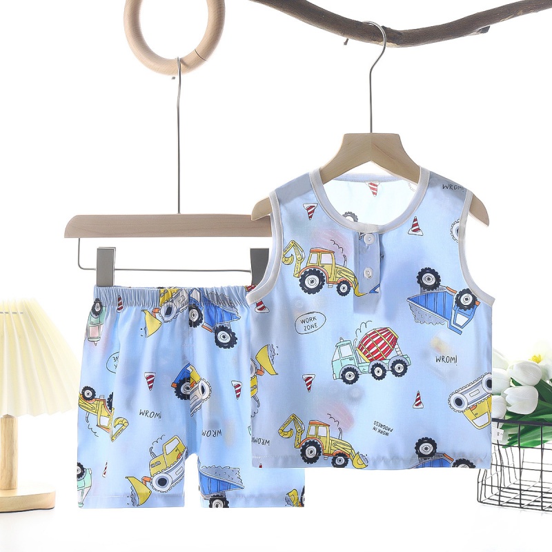 儿童夏季套装男童空调衫背心短裤婴儿棉绸家居服薄款女小宝宝睡衣