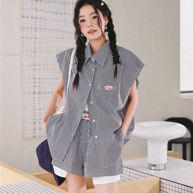 Liilou 无袖黑白条纹衬衫上衣宽松休闲短裤套装夏季女