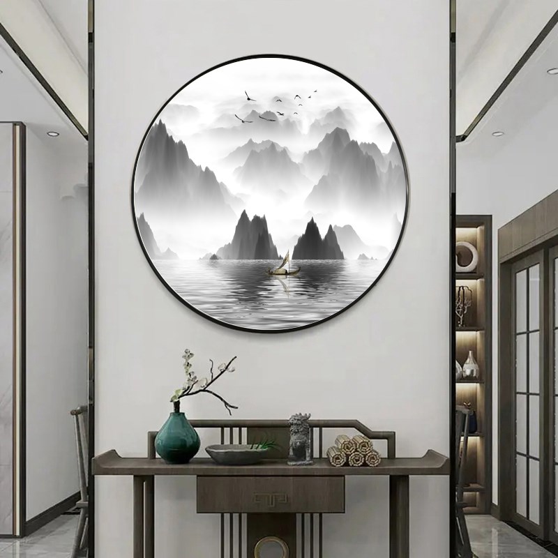 新中式圆形装饰画玄关走廊过道书房茶室油画布铝合金有框晶瓷工艺图片