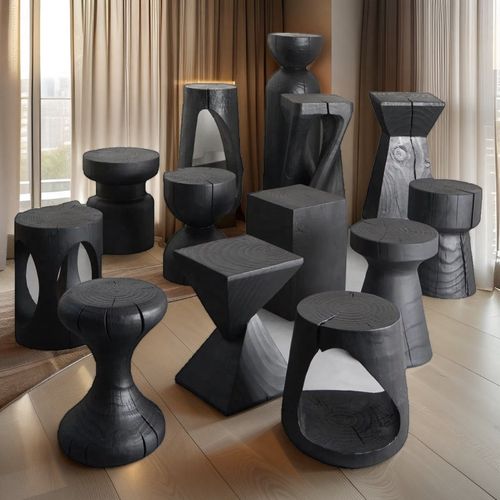 侘寂风实木碳化木墩子边几原木根雕花架凳子黑色矮凳民宿木桩摆件