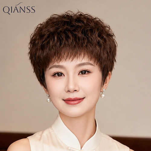 中老年真发短卷整顶假发透气
