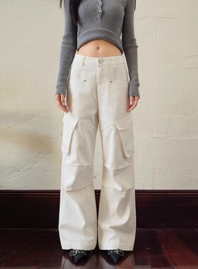 【官方正品】Three Quarters 白色宽松阔腿工装裤女直筒牛仔裤