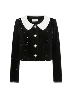 【官方正品】Three Quarters黑色丝绒钉珠拼色小香风翻领外套套装