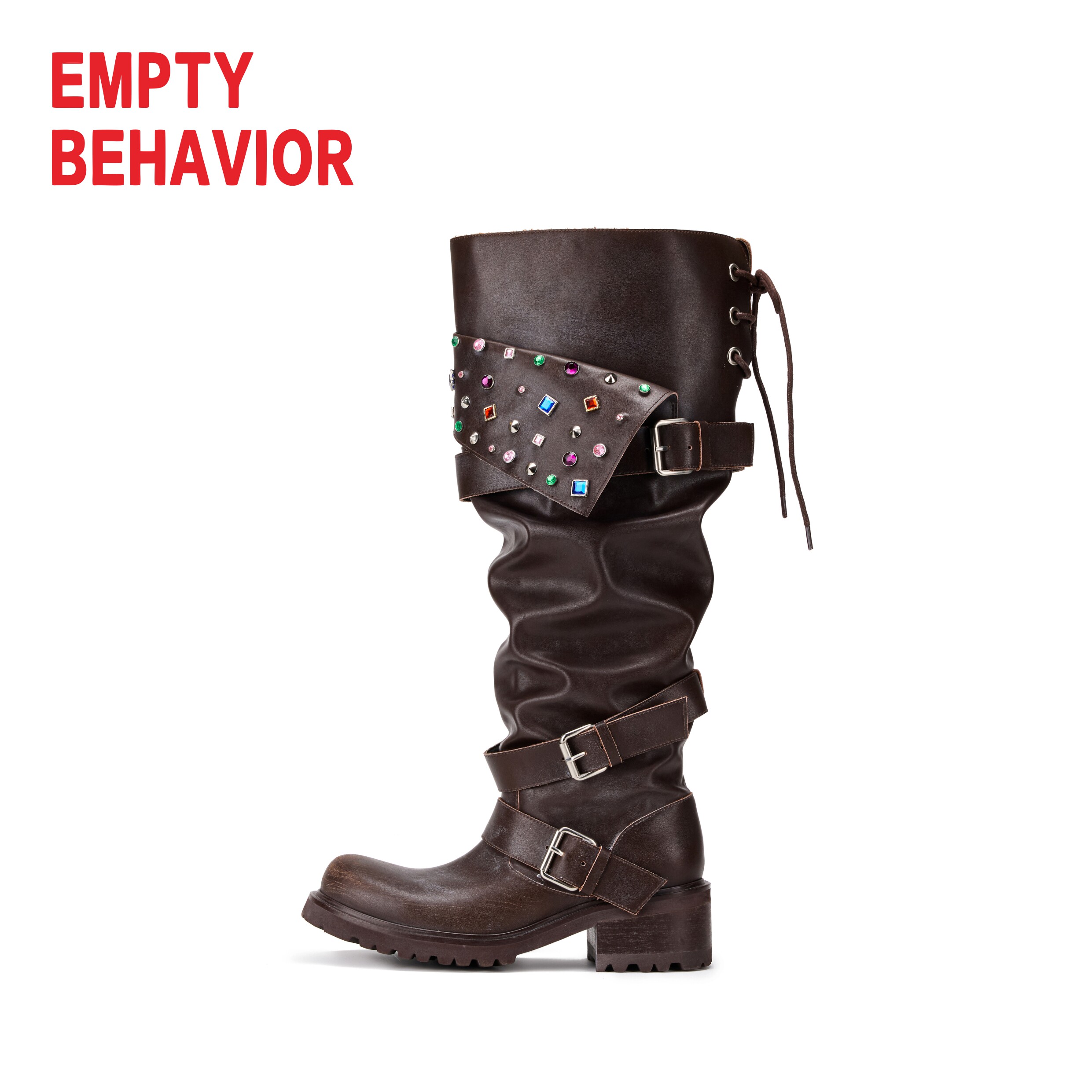 钉珠西部长靴宝石镶嵌棕色