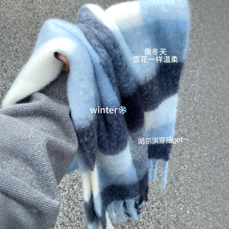 蓝色围巾女冬季韩系氛围感围脖保暖高级感格子披肩百搭加厚2025新
