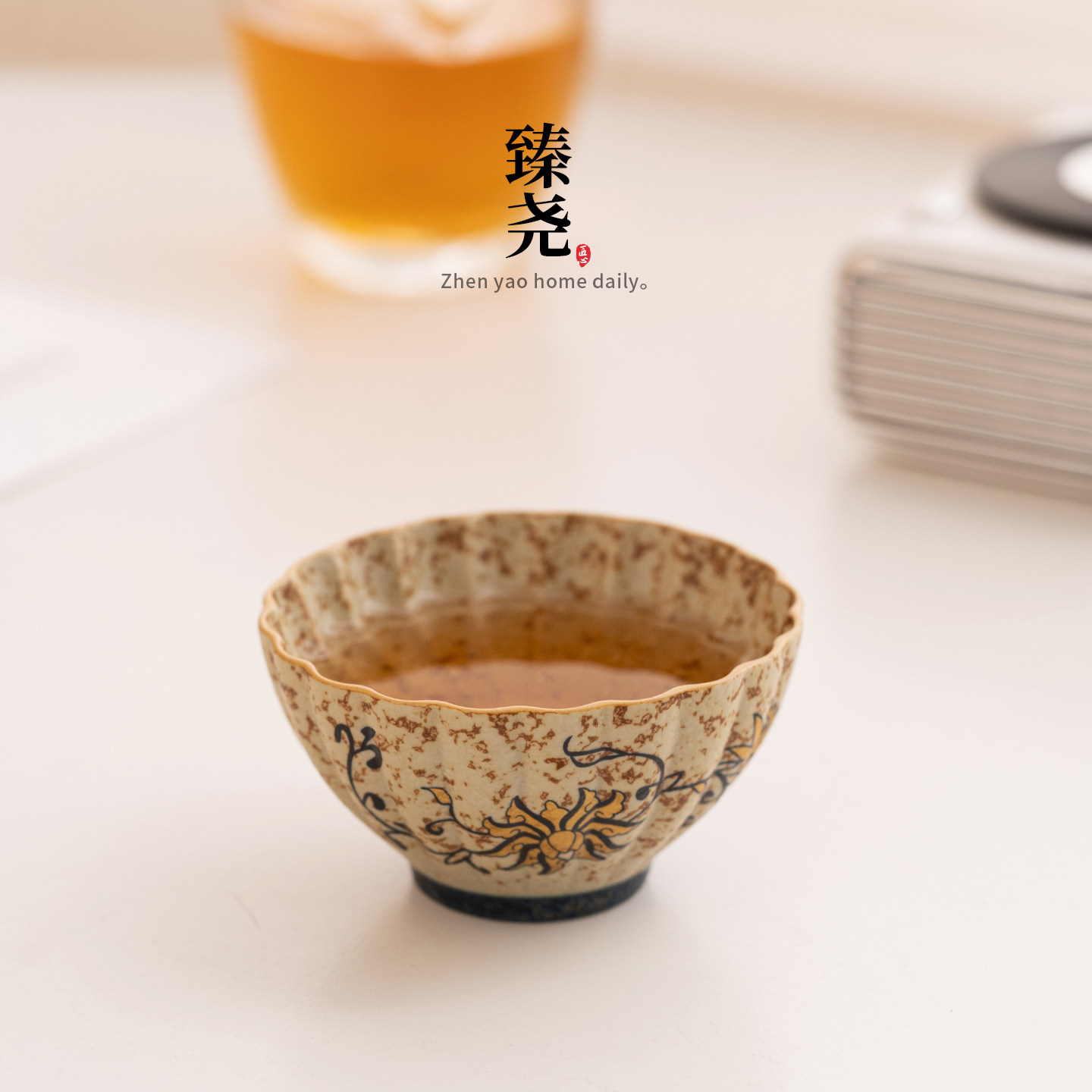 青花火石红品茗杯陶瓷功夫茶具茶杯家用复古个人杯主人杯普洱杯子