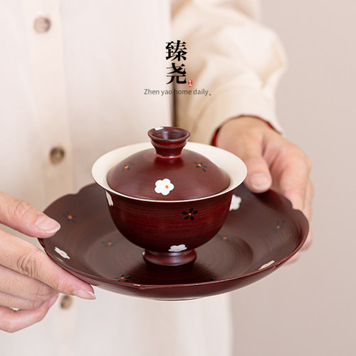 臻尧功夫茶具粉引山楂手绘盖碗