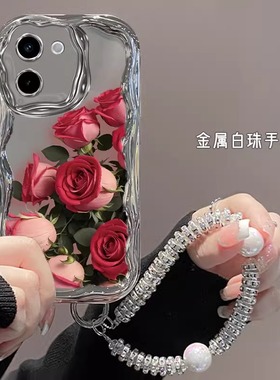 适用vivoY200i手机壳y300网红y100i爆款y78+高级感y77e女新款y76s红色玫瑰y70s电镀银y55s带挂绳y35硅胶软壳