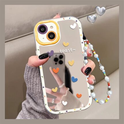 彩色爱心iPhone16新款手机壳适用于苹果15Promax高级感超火14Pro镜面创意13全包防摔12挂绳11手链7/8plus软壳