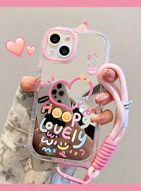 适用苹果16Promax新款手机壳iPhone15镜面创意14Pro英文爱心13/12挂绳手链mini全包防摔8plus软壳7/6s高级感x