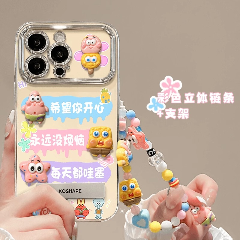 适用苹果16Promax手机壳iPhone15海绵宝宝公仔14Pro电镀银13带挂绳12支架公仔11女新款8plus全包7防摔X保护套