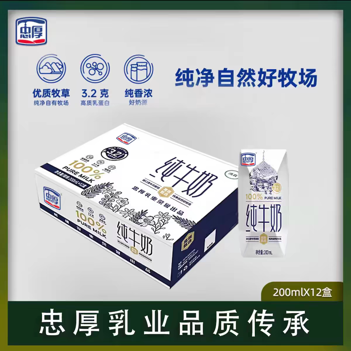 忠厚纯牛奶200ml*12盒新鲜日期儿童学生成人牛奶纯厚浓乳蛋白高