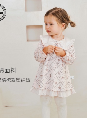 Elk Zoo女童连衣裙春季新款纯棉宝宝洋气娃娃领长袖蝴蝶结公主裙