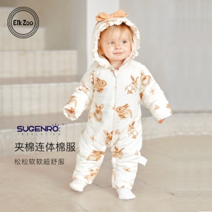 Elk 女宝宝纯棉加厚外出爬服新生儿衣服 Zoo婴儿夹棉连体衣秋冬季