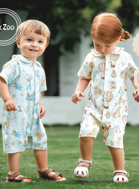 Elk Zoo婴儿连体衣夏季纯棉男女宝宝短袖哈衣休闲爬服新生儿衣服