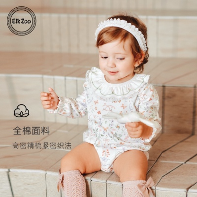 Elk Zoo婴儿连体衣春季女童纯棉长袖包屁衣荷叶边爬服新生儿衣服