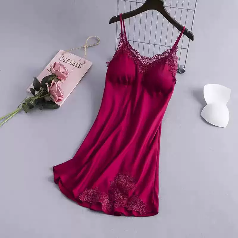 蕾丝吊带睡裙女夏冰丝性感带胸垫
