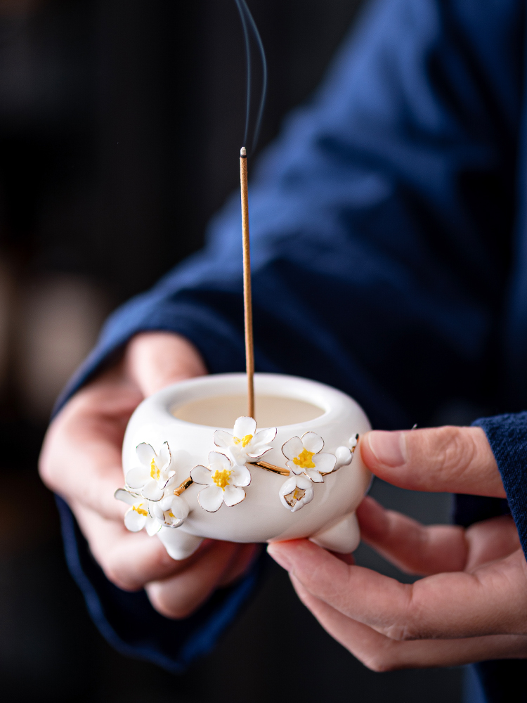 创意陶瓷莲花线香插手工捏花小香炉家用室内香薰炉香座香托香器