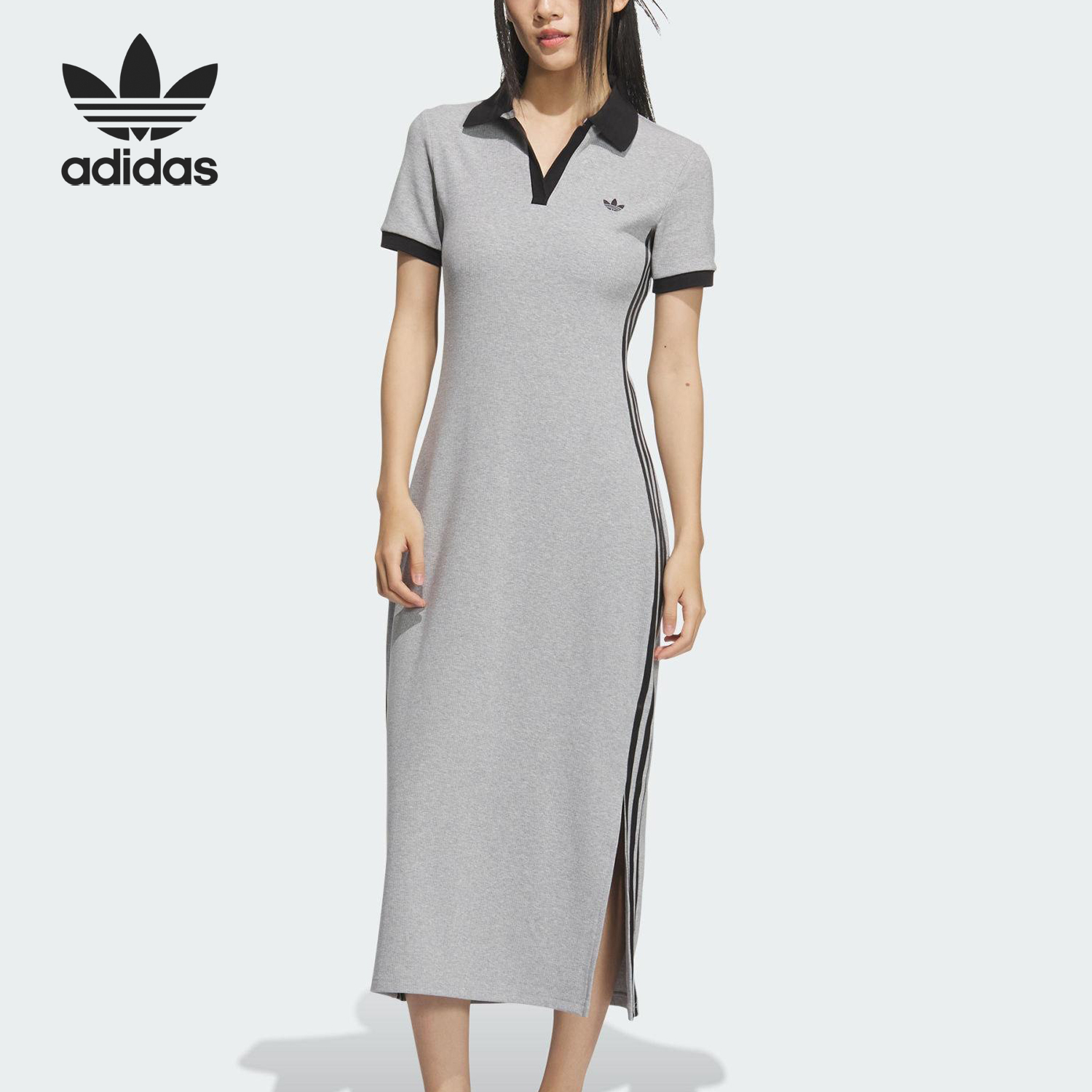 Adidas/阿迪达斯正品三叶草女士三条纹长款透气连衣裙KF0318