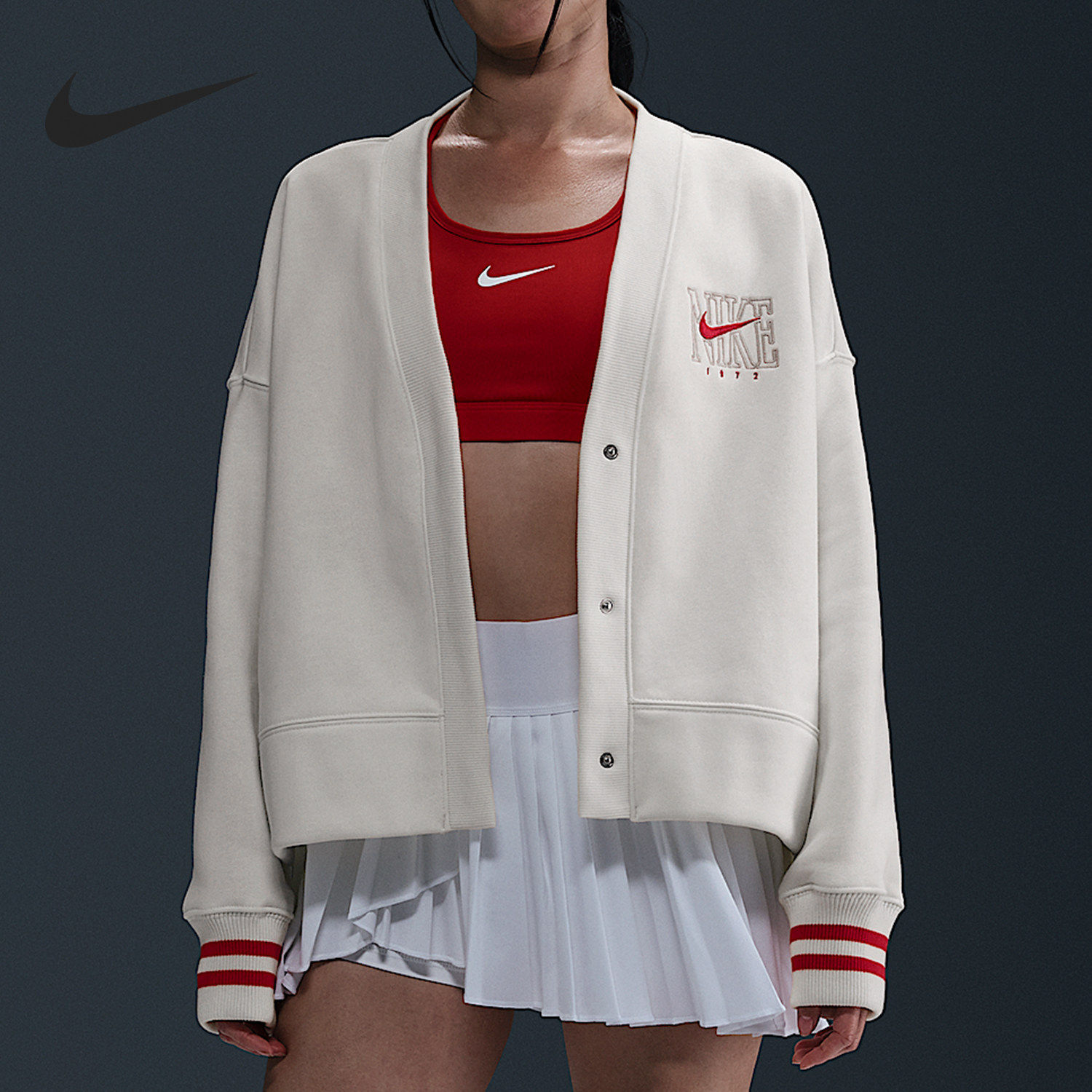 Nike/耐克正品2025冬季款女士V领休闲刺绣针织外套HJ0947-133