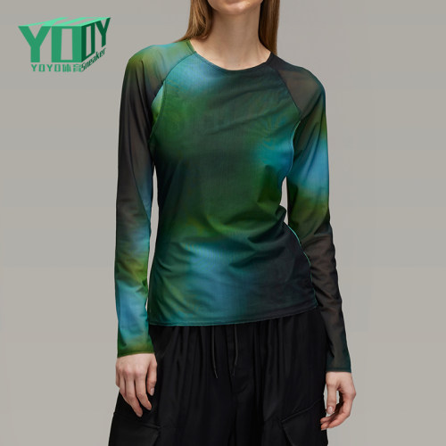 Adidas/阿迪达斯正品女士时尚印花针织网纱运动长袖T恤JL8301