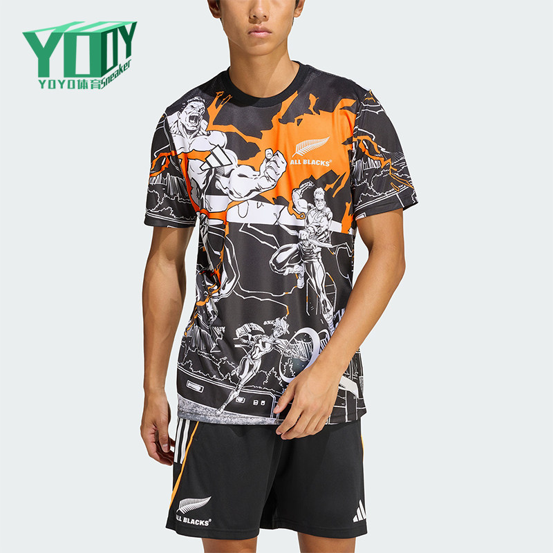 Adidas/阿迪达斯正品新款男黑橙色橄榄球跑步经典短袖T恤JV7531