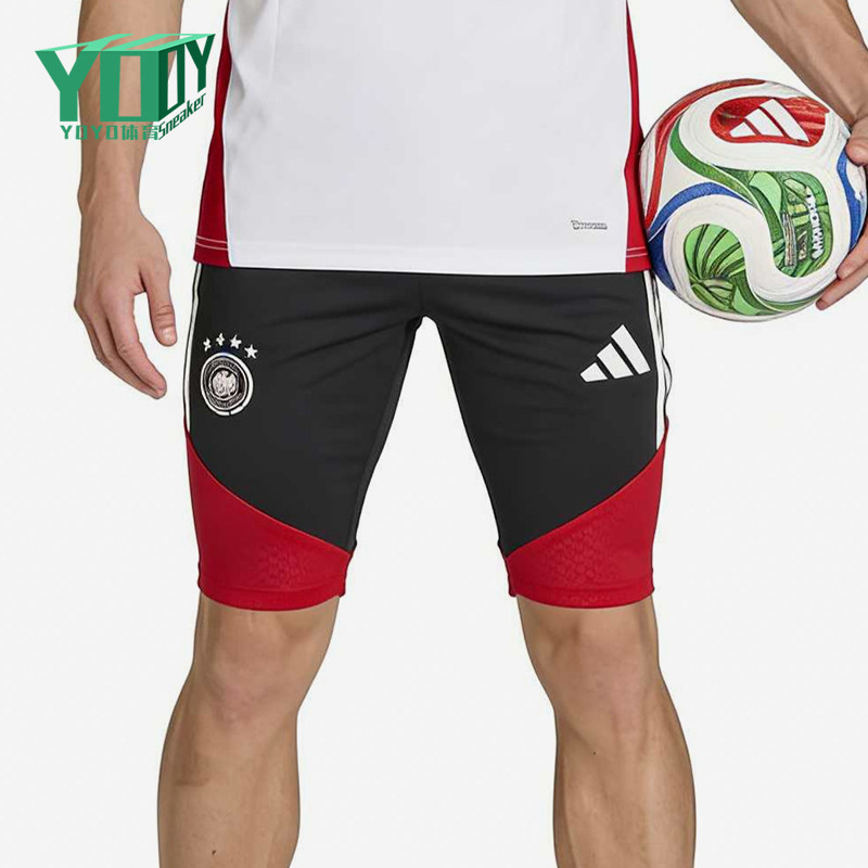 Adidas/阿迪达斯正品纯色松紧中腰直筒裤男经典黑红色短裤KB4481