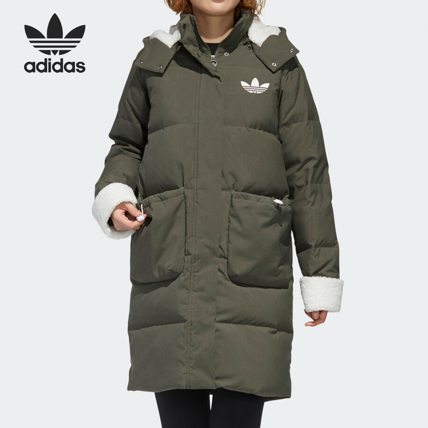 Adidas/阿迪达斯正品三叶草女子中长款连帽运动羽绒服 GL6409