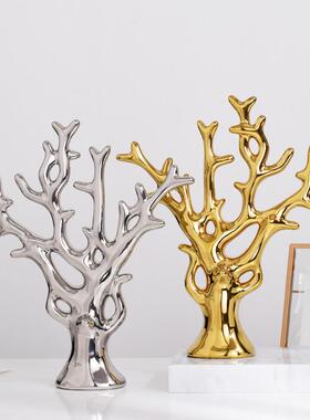 现代轻奢电镀银小摆件客厅酒柜房间装饰品创意陶瓷发财树工艺品