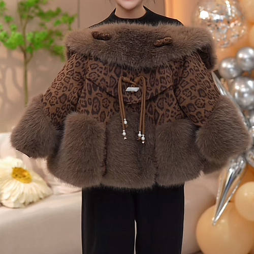 女童豹纹仿皮草外套加绒