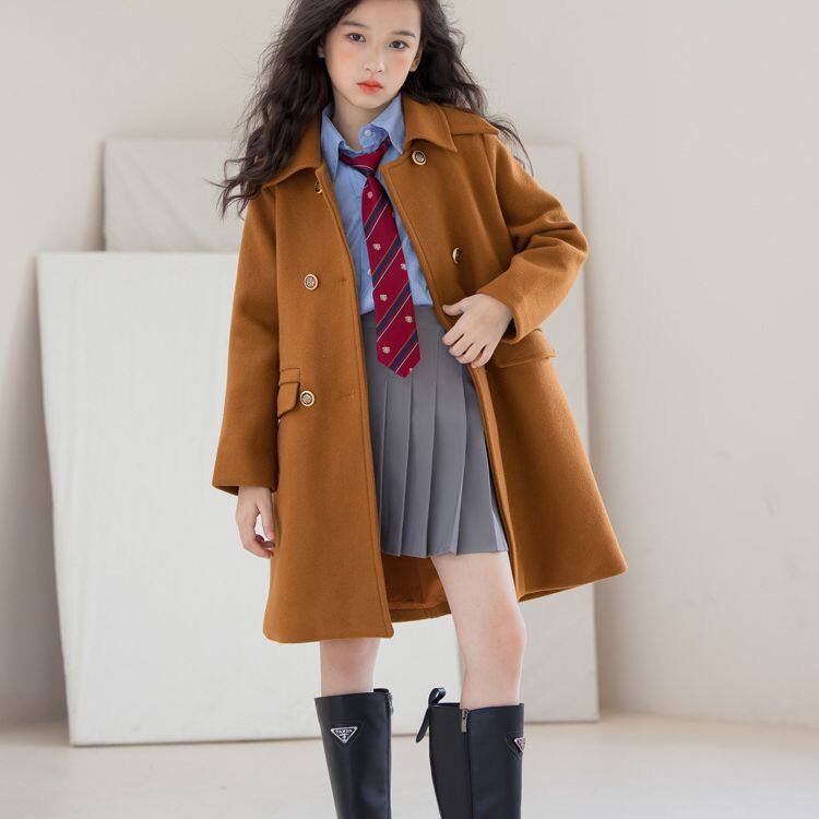 女童毛呢外套秋冬2024新款韩版中厚呢子英伦风中长款女孩格子大衣