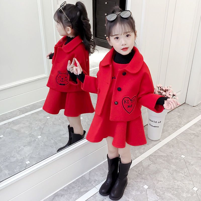 女童连衣裙冬装加厚宝宝毛呢儿童洋气卡通外套小女孩两件套装裙子