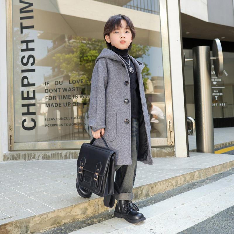 男童呢子大衣新款秋冬连帽中长款韩版儿童毛呢厚外套男孩洋气潮帅