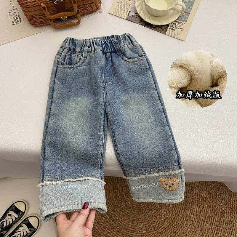 女童裤子秋冬款新款冬季牛仔裤加厚韩系窄版直筒裤保暖加绒长裤潮