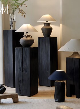 侘寂风黑色方形碳化实木墩子民宿原木花架雕塑展示台Y木桩底座摆