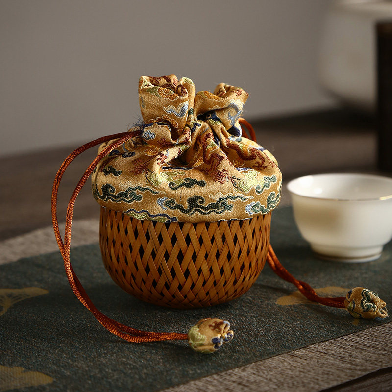 手工竹编杯篓杯套竹制带布内衬茶具收纳盒复古杯架杯W笼茶道零配